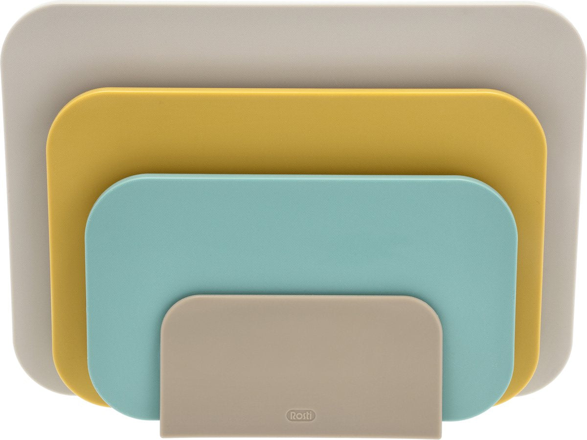 Rosti Choptima Schneidebrett-Set 35,5 x 7 x 26,5 cm Strand – Kunststoff – 4 Schneidebretter – spülmaschinenfest – mit Halterung – Küche
