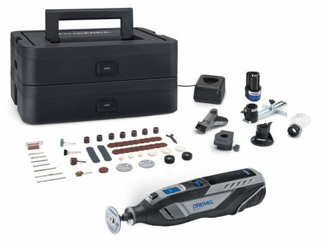 Dremel 8250-5 65 Platinum+ - Multitool - inklusive 2x 12V 2,0 Ah Akku - 65 Zubehörteile - Detailgriff - Linien- und Kreisführung - Bearbeitungsplattform - Komfortschutzaufsatz - Fräsaufsatz - Ladegerät -