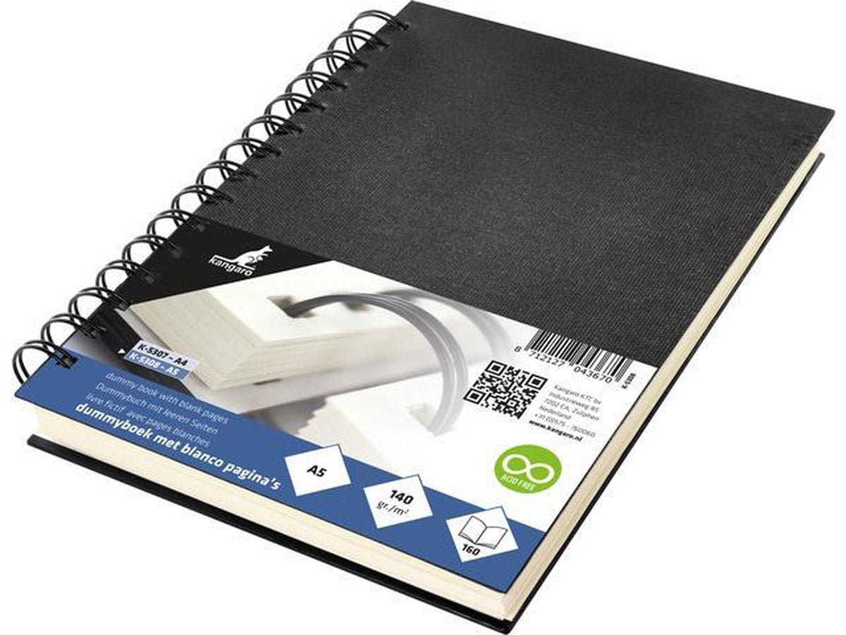Kangaro dummyboek - a5 - zwart - met spiraal - 160 blanco pagina's - 140 grams cream papier - linnen kaft - k-5308