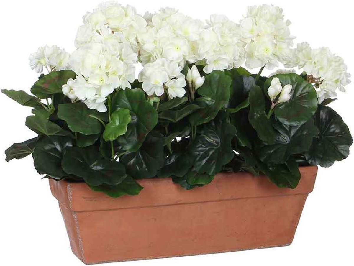 Mica decorations kunstplant geranium wit - h 40cm - zandcement sierpot -