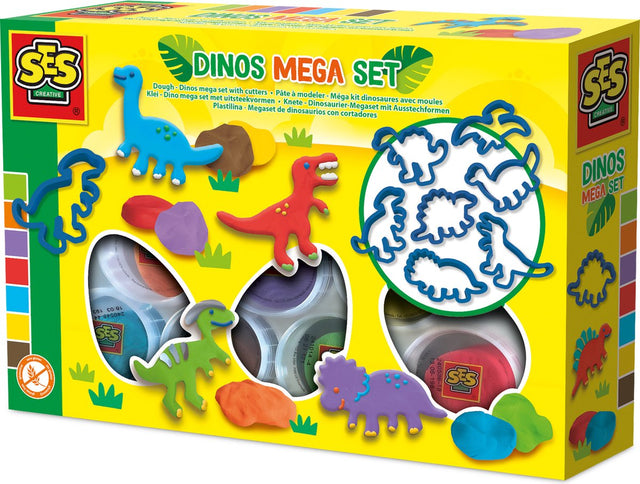 Ses creative - Dino-Ton - Mega-Set mit Tonformen (7x90g) - vegan und glutenfrei - wiederverwendbar - waschbar - ab 2 Jahren
