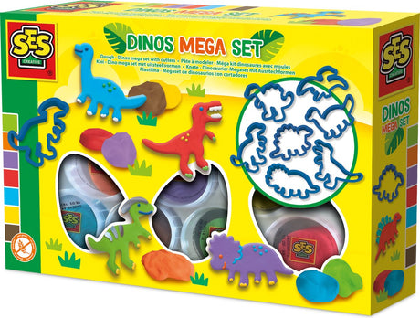 Ses creative - Dino-Ton - Mega-Set mit Tonformen (7x90g) - vegan und glutenfrei - wiederverwendbar - waschbar - ab 2 Jahren