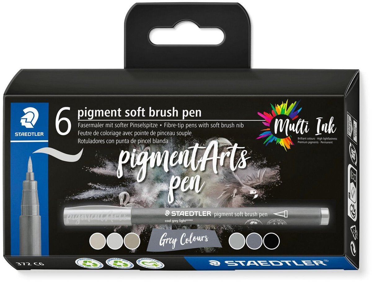 Staedtler pigment arts soft brush pen | etui van 6 stuks | grijstinten