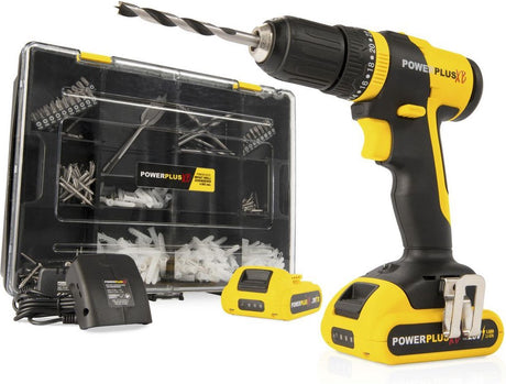 Powerplus Akku-Schlagbohrschrauber POWXB10070 – 3 in 1: Bohrmaschinen, Bohrhämmer und Schrauben, 20 V Bohrmaschine, 30 Nm, Links- und Rechtsschrauben, inkl. 2 Akkus 1,5 Ah und 1 Ladegerät, 362 Zubehörteile