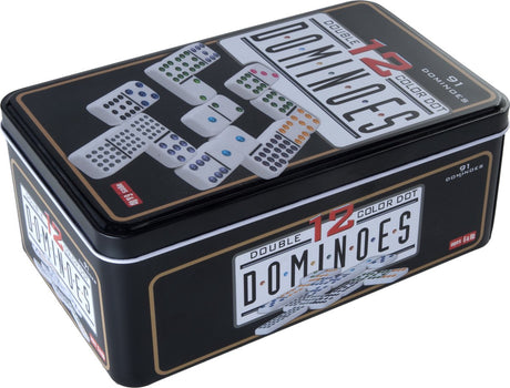 Engelhart Domino Double 12 – 91 Steine mit farbigen Augen – kompakte Dose – klassisches Spiel für Zuhause – strategisches Familienspiel –