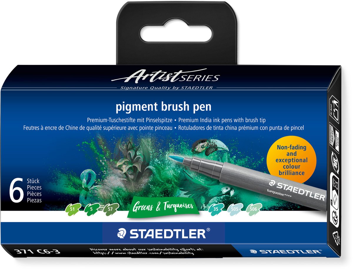 Staedtler – Künstlerserie – Pigment-Pinselstift-Set, 6 Farben, Grün, Türkis