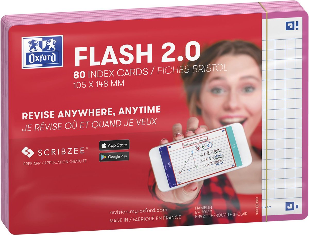 Oxford Flash 2.0 – Karteikarten – kariert 5 mm – A6 – fuchsiafarbener Rand – 80 Stück