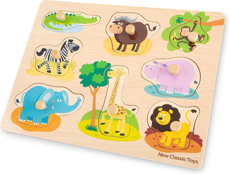 New classic toys ® houten knoppuzzel safari - 8 puzzelstukjes - fsc - houten puzzel met knopjes - educatief peuterspeelgoed - vanaf 24 maanden