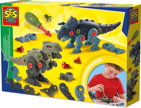Ses Creative 14291 Dino-Schraubkonstruktionen – Kreatives Bauset für Kinder ab 5 Jahren – Mit Schrauben und Teilen einen T-Rex und Triceratops bauen – regt zum problemlösenden Denken an