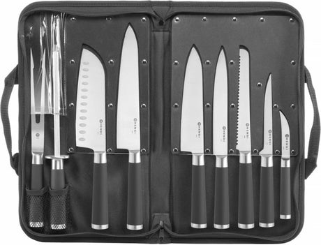 Hendi Messerset 9-teilig – Edelstahl – rutschfester Griff – inklusive Tragetasche – Schwarz