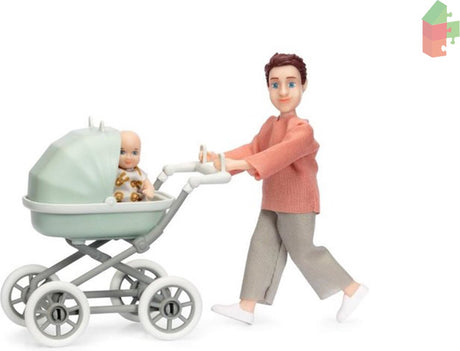 Lundby set - speelfiguur man met kinderwagen en baby