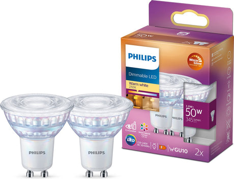 Philips LED-Energiesparspot – 50 W – GU10 – dimmbares warmweißes Licht – 2 Stück – Energiekosten sparen