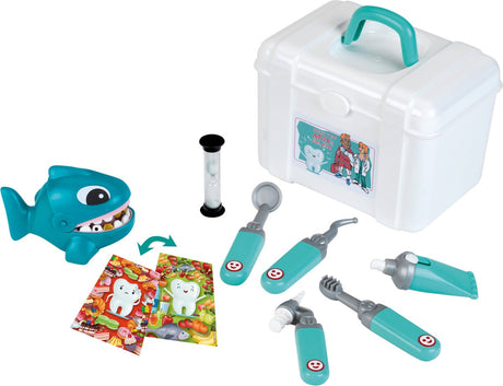 Klein Toys Dentalkoffer - inkl. Spielzeuginstrumente und Übungshai mit Zähnen, die dringend behandelt werden müssen – blau und weiß