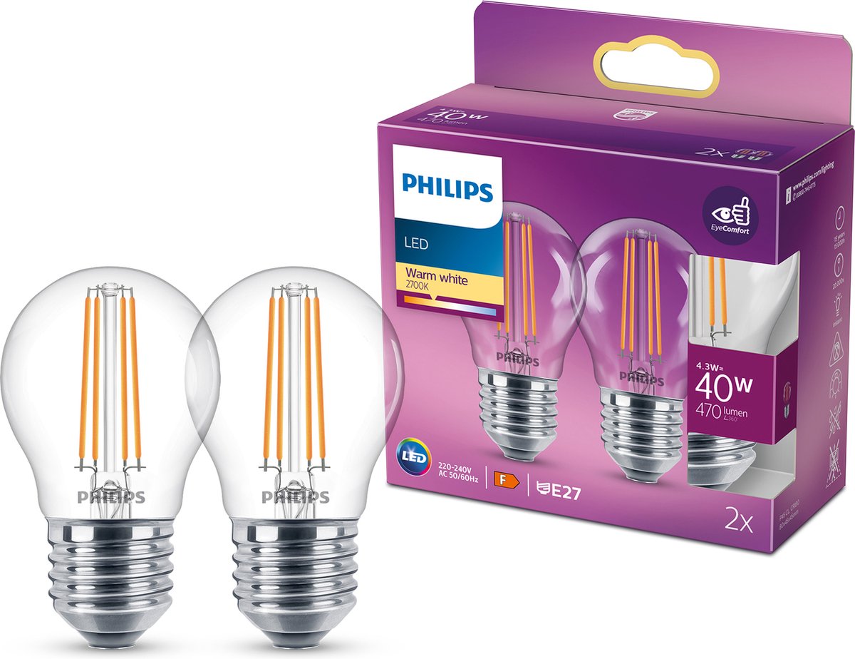 Philips led lamp - kogellamp met e27 fitting - warmwit licht: 2700k - 40w - helder glas - 2-pack