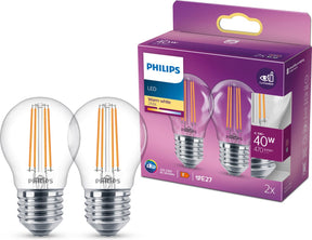 Philips led lamp - kogellamp met e27 fitting - warmwit licht: 2700k - 40w - helder glas - 2-pack