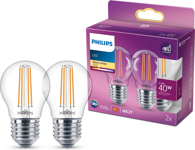 Philips led lamp - kogellamp met e27 fitting - warmwit licht: 2700k - 40w - helder glas - 2-pack