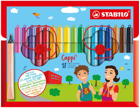 Stabilo cappi - viltstift - nooit meer je dop kwijt dankzij de dopring - etui met 18 kleuren + 2 dopringen