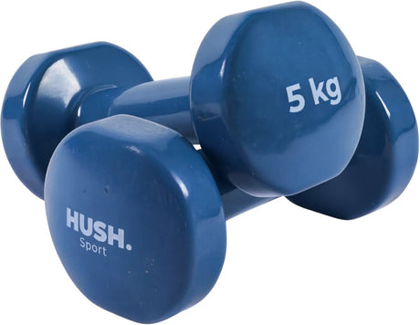 Hush sport - dumbbells set 2 x 5 kg donkerblauw - vinyl coating met antislip grip - gietijzer - handig 6-hoekig design - geschikt voor krachttraining fitness