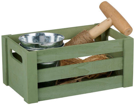 Kinzo Gartengeräte-Set – Gartenset mit Gartenbox aus Holz und 2 Blumentöpfen aus Metall – Gartenzubehör-Set für die Pflanzenpflege – Set Pflanzen mit Pflanzenetiketten-Set – grün
