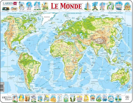 Larsen Carte Topographique du Monde – Puzzle – Monde – Géographie Physique – Puzzle éducatif pour enfants – 80 Teile – in Norwegen hergestellt – Teile mit einer Stärke von 2,5 mm – Plateau mit fester Platte