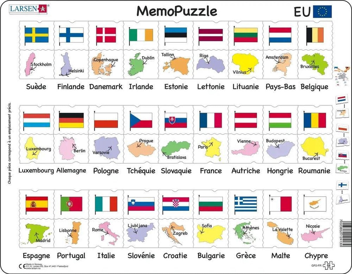 Larsen Drapeaux et Capitales de l'Union Européenne – Puzzle-Mémo – Union Européenne – Drapeaux et Capitales – Puzzle éducatif pour enfants – 54 Teile – hergestellt in Norwegen – Teile extra 2,5 mm dick – Plateau mit festem Rand