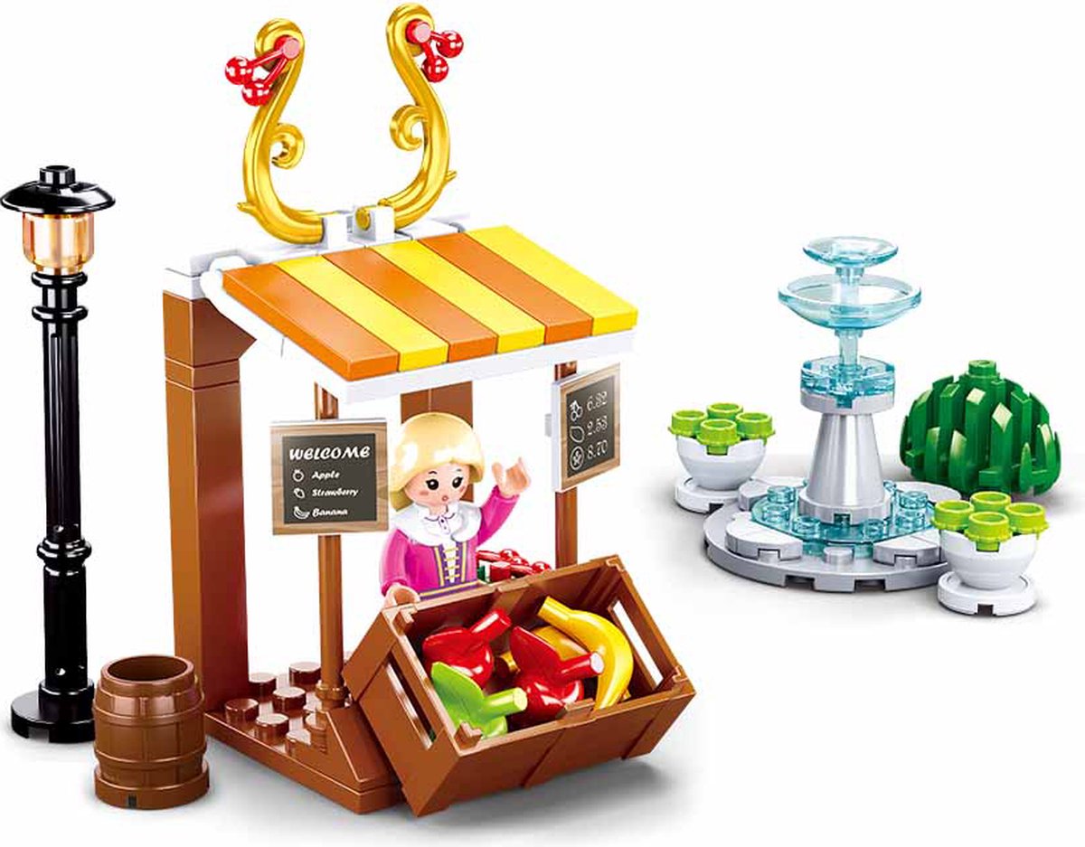 Sluban Girls Dream Village Obststand mit Brunnen, Bauspielzeug für Kinder ab 6 Jahren – Konstruktionsspielzeug, Modellbau, Marktstand – Baukasten mit 99 Bausteinen und 1 Minifigur – M38-B0870