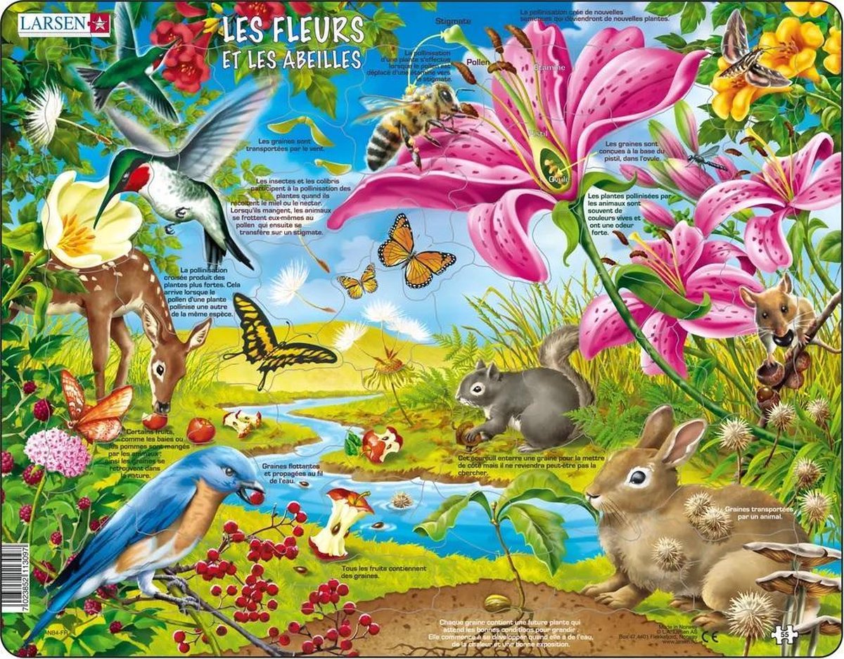 Larsen les fleurs et les abeilles – Puzzle – Natur – Bestäubung und Ökosysteme – Puzzle éducatif pour enfants – 69 Teile – Hergestellt in Norwegen – Teile mit extra épaisses de 2,5 mm – Plateau mit fester Platte