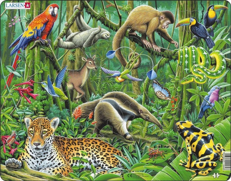Larsen Südamerikanischer Regenwald – Puzzle – Tiere – Regenwald – Lernpuzzle für Kinder – 70 Teile – Hergestellt in Norwegen – Extra dicke 2,5-mm-Teile – Tablett mit festem Rand