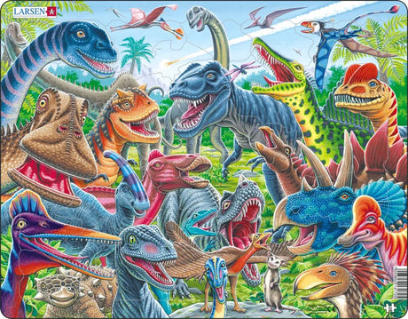 Larsen glückliche Dinosaurier – Puzzle – Tiere – Vorgeschichte – Lernpuzzle für Kinder – 43 Teile – hergestellt in Norwegen – extra dicke 2,5 mm Teile – Tablett mit festem Rand