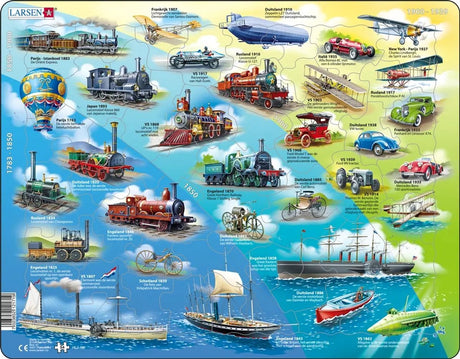 Larsen historische Fahrzeuge – Puzzle – Fahrzeugtechnik – historische Fahrzeuge – Lernpuzzle für Kinder – 54 Teile – hergestellt in Norwegen – extra dicke 2,5 mm Teile – Tablett mit festem Rand
