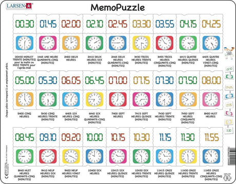 Larsen apprendre l'heure – Puzzle-Mémo – Uhr – Lecture de l’heure – Puzzle éducatif pour enfants – 54 Teile – in Norwegen hergestellt – extra 2,5 mm dicke Teile – Plateau mit festem Rand