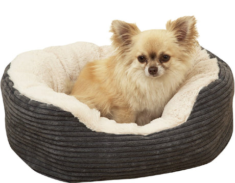 Palisander-Jumbo-Cord-Plüsch – ovales Hundebett – mittelgroß 62 x 60 cm – weich warm – waschbar – rutschfeste Unterseite – Grau-Creme