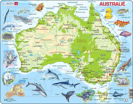 Larsen Puzzle-Karte Australien geografisch mit Tieren, 65 Teile.