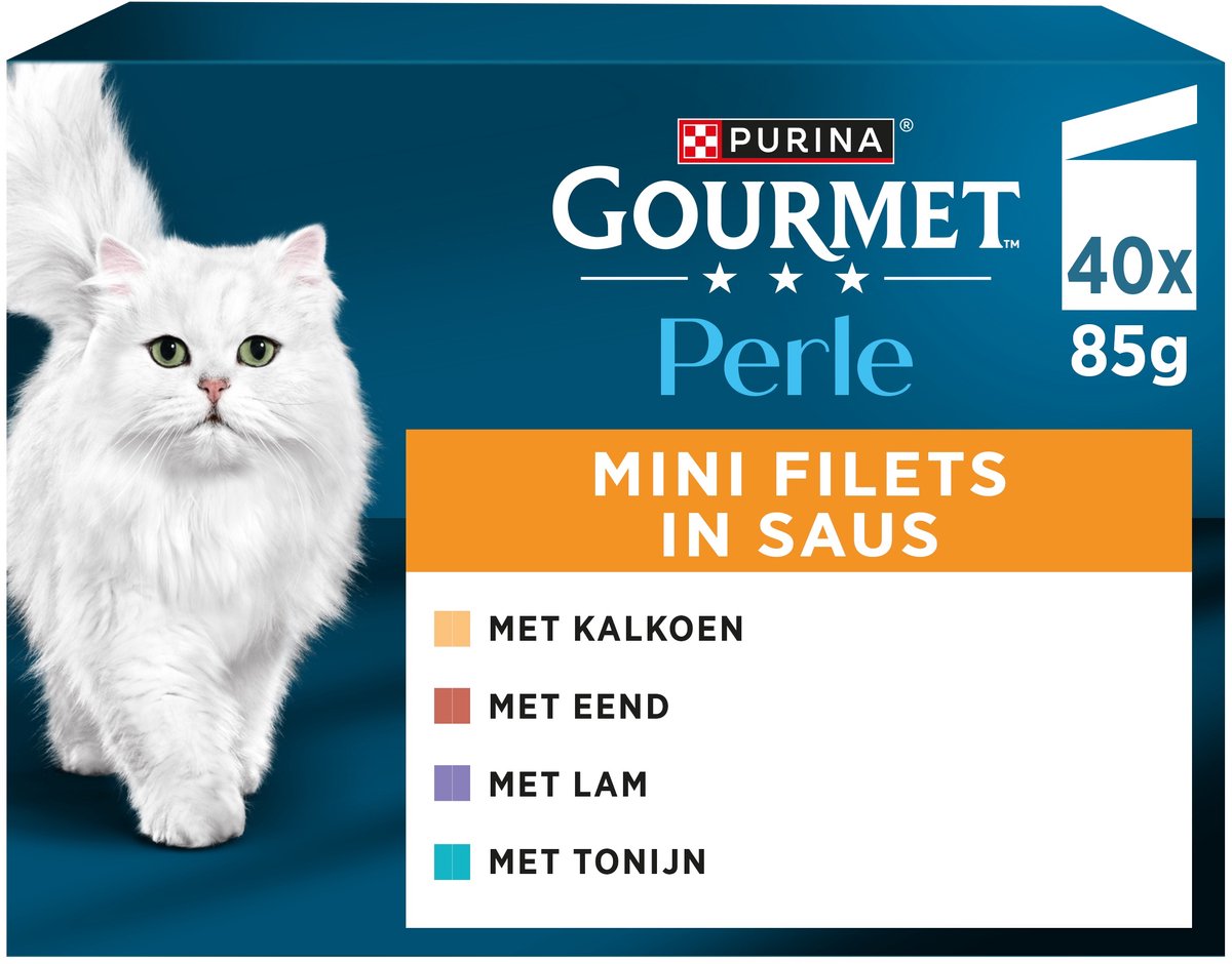 Gourmet-Perlen-Minifilets in Soße – Nassfutter für Katzen – Truthahn, Ente, Thunfisch, Lamm – 40 x 85 g