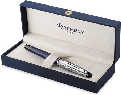 Waterman Expert Füllfederhalter | metallblaue Lackierung mit Palladium-Detail | gemeißelte Kappe | Mittlere Feder aus Edelstahl
