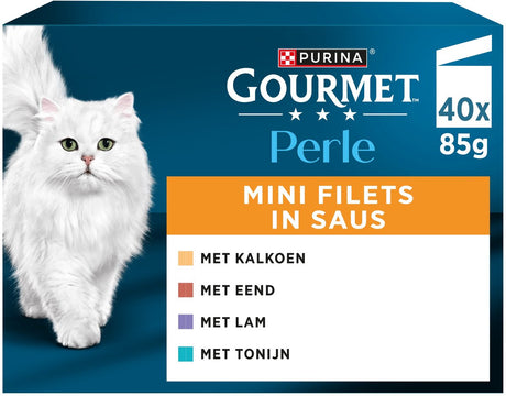 Gourmet-Perlen-Minifilets in Soße – Nassfutter für Katzen – Truthahn, Ente, Thunfisch, Lamm – 40 x 85 g