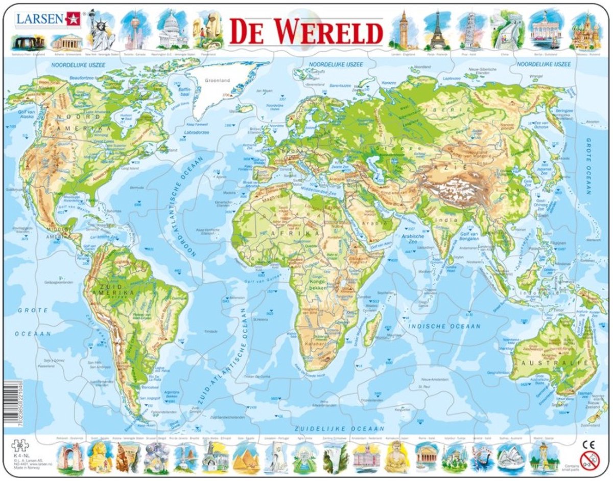 Larsen Welt geographisch – Puzzle – Karten Geographie – Weltkarte – Lernpuzzle für Kinder – 80 Teile – hergestellt in Norwegen – extra dicke 2,5 mm Teile – Tablett mit festem Rand