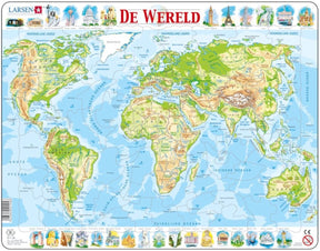 Larsen Welt geographisch – Puzzle – Karten Geographie – Weltkarte – Lernpuzzle für Kinder – 80 Teile – hergestellt in Norwegen – extra dicke 2,5 mm Teile – Tablett mit festem Rand