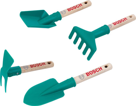 Klein Toys Bosch 4-teiliges Gartenwerkzeug-Set – inkl. Holzgriff und Aufhängeöse - grün rot