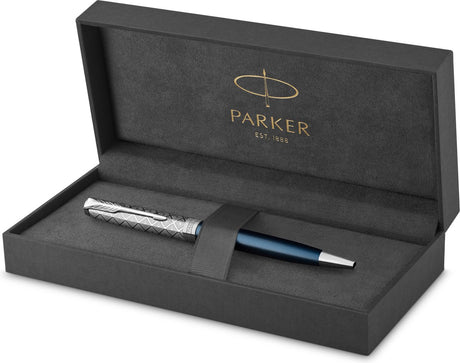 Parker Sonett Füllfederhalter | | Edelstahl und blauer Lack | feine Feder mit schwarzer Tinte | Geschenkbox