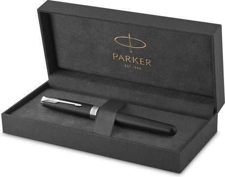 Parker Sonett Tintenroller | mattschwarz lackiert mit Palladiumbesatz | feine schwarze Tinte | Geschenkverpackung
