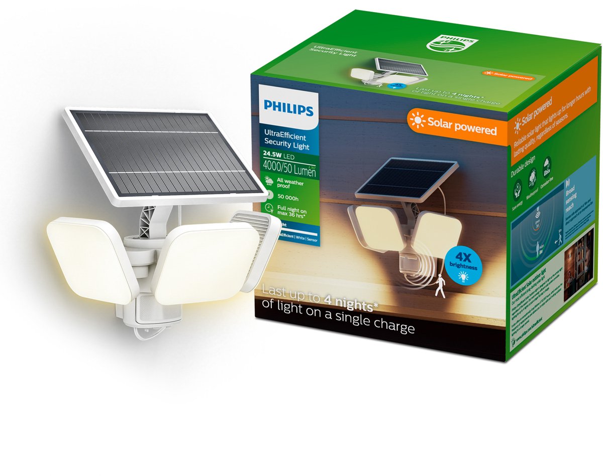 Philips led philips ultraefficient zyren wandlamp - solar beveiligingslamp - floodlight - bewegingssensor - helder wit licht: 3000k - 24,5w - wit - twee lichtstanden - schemersensor - zonne-energie - waterbestendig