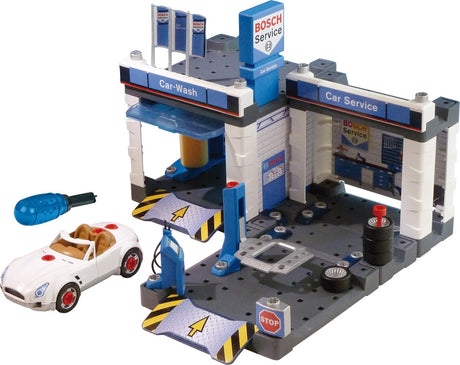 Klein Toys Bosch Car Service Car Garage – Montagespielzeug mit Hebebrücke und Autowaschanlage – 41 x 39 x 29 cm – blau