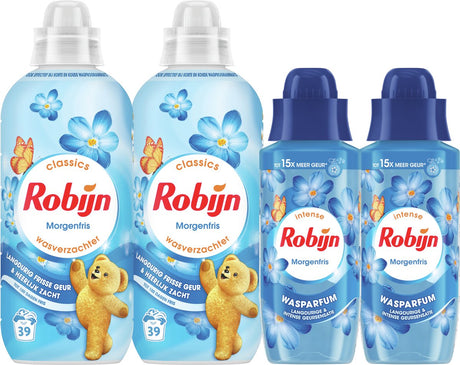 Robijn perfecte match wasverzachter en wasparfum pakket - morgenfris - 4 stuks - 2 x 39 wasbeurten + 2 x 342ml - voordeelverpakking