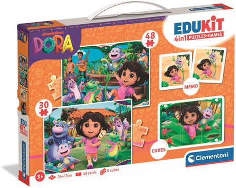 Clementoni – Dora die Entdeckerin – Edukit 4 in 1 Spiele – 2 Puzzles, Blockset und Memory-Spiel – ab 3 Jahren