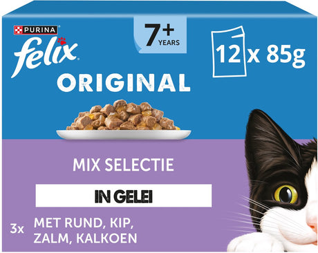 Felix Original in Jelly 7+ Senior Mix Selection – Nassfutter für Katzen – Rind Huhn Truthahn Lachs – 48 x 85 g