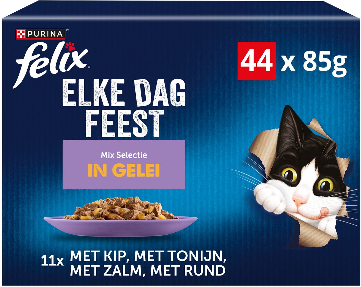 Felix Every Day Party in Jelly Mix Auswahl – Katzenfutter Nassfutter – Thunfisch Lachs Rind Huhn – 44 x 85 g