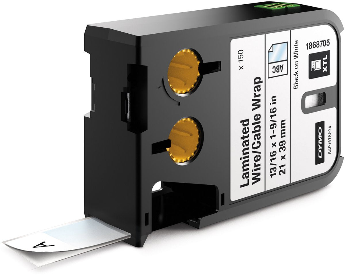 Dymo xtl gelamineerde draad- kabelwikkel | 21 mm x 39 mm | zwart op wit