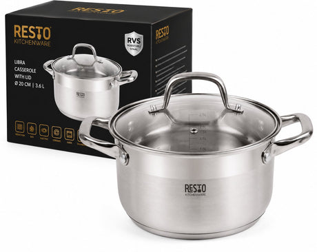 Resto Induktionskochtopf 3,6 Liter ø20 cm Edelstahl mit Glasdeckel – Suppentopf Bratpfanne – Küchengeschirr 92003 – alle Wärmequellen – Silber