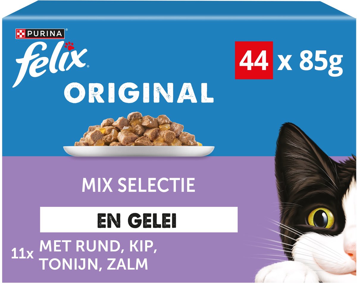 Felix Original in Gelee-Mix-Auswahl – Nassfutter für Katzen – Rind, Huhn, Thunfisch, Lachs – 44 x 85 g